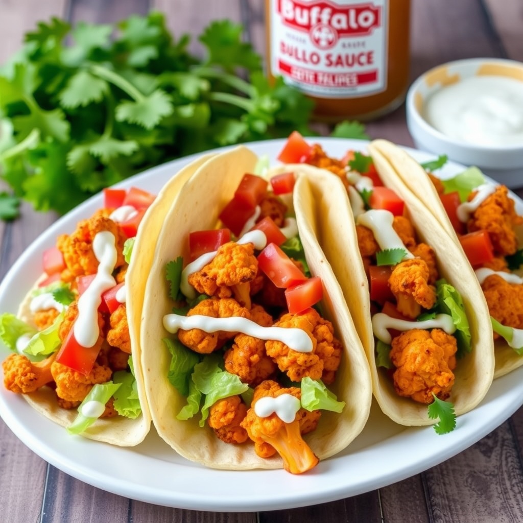 Buffalo cauliflower tacos topped with lettuce, tomatoes, ranch dressing, served on a plate with dipping sauces.